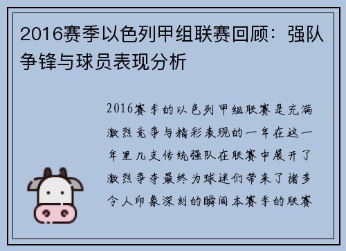 2016赛季以色列甲组联赛回顾：强队争锋与球员表现分析