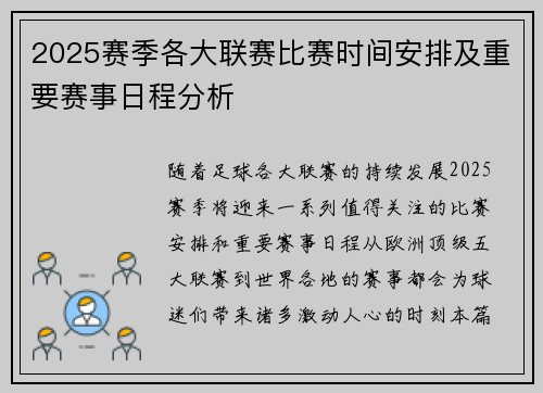 2025赛季各大联赛比赛时间安排及重要赛事日程分析